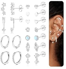 LOYALLOOK Hypoallergenic Flat Back Earrings for Women Trendy 20G Surgical Stainless Steel Earrings Silver Cartilage Earring Stacks Flatback Stud Earring Sets for Multiple Piercing