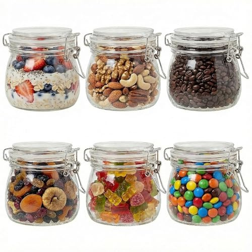 17oz Airtight Glass Jars, 6 Pack Clamp Lid Canisters, Small Food Storage Containers for Spices, Nuts, Snacks, Canning Jar for Jams & Pickling, Pantry Organization