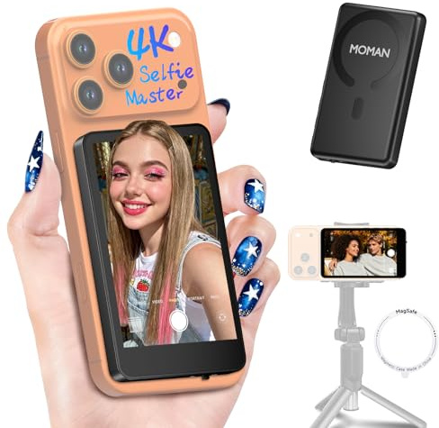 Moman Pantalla Monitor de Selfie 4K/1080p para Serie iPhone 17 y Android, Monitor Magnético Inalámbrico 50m Cámara Posterior para Selfie Vlog TikTok Live Streaming - Negro