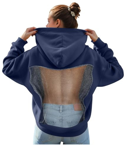 Générique Chic Sweat à Capuche Femme Hiver Hoodie Dos Ouvert Tulle Sexy Sweat-Shirt Uni Chic Haut Femme Élégant Sweat Capuche Casual Pull pour Sorties & Quotidien