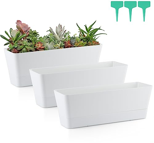 Skelang 3 macetas rectangulares de 12 Pulgadas, contenedor de alféizar de Ventana para suculentas, Hierbas, Verduras (Blanco)