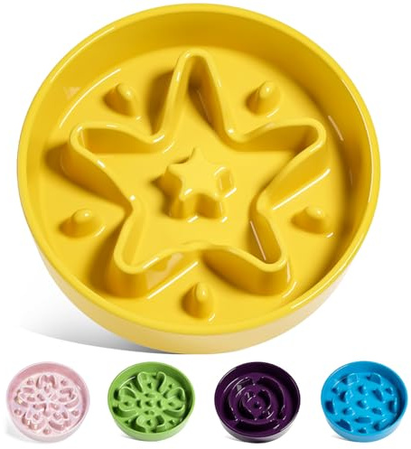 LE TAUCI Hundenapf aus Keramik, Antischlingnapf für Mittelgroße und Kleine Hunde, Langsam Fressen und Spaß für den Hund, Fressnapf mit Rutschfestem Design (Sterngelb, M-675 ml)