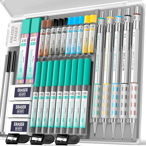 Nicpro 5 Stück Blocky Gear Druckbleistift Set mit Etui, Metall Druckbleistifte 0.3, 0.5, 0.7, 0.9, 2mm Minenhalter für Kunst Zeichnen Skizzieren mit 21 Röhren (6B 4B 2B HB 2H 4H Farben) Minen