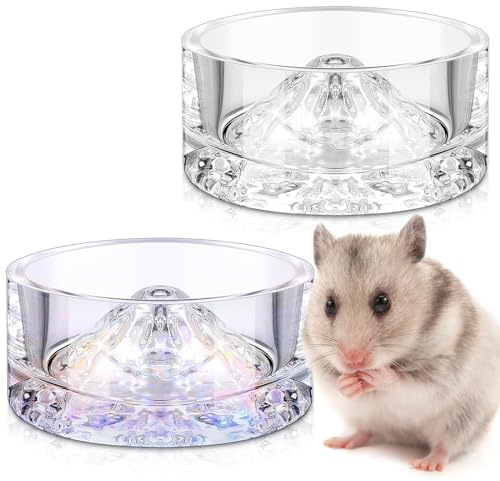 Baderke 2 Pcs Hamster Water Bowls Glass Hamster Food Bowls 35ml Mountain Style Drinking Container Anti Turning for Guinea Pig Gerbils Mice Rats Chinchilla Small Pets(Clear and Rainbow)