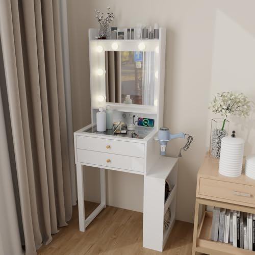 Fullwatt Schminktisch mit LED-Beleuchtung, Frisiertisch mit Spiegel und Steckdose, Kosmetiktisch mit 2 Schubladen und 1 Seitenschrank, Einstellbarer Helligkeit, mit Glasplatte und Haartrocknerhalter