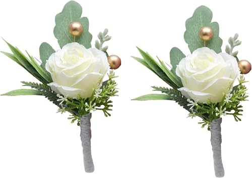 Wpppan 2Pcs Roses Boutonniere for Men Wedding, Groom Groomsman Artificial White Rose Flowers with pins for Wedding Anniversary Celebration,Prom,Party,Home Decoration Artificial Flowers
