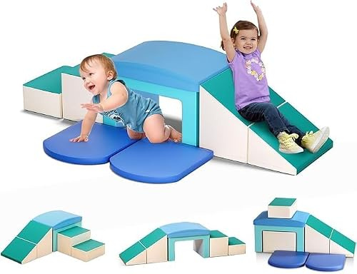 6P-Soft Climbing Blocks, Baby Soft Play Climbing Blocks, High-density Pearl Cotton, PU Cover Scratch-Resistant Clean Easily, Hidden Zipper, Kids Soft Play Set (6p-light blue)