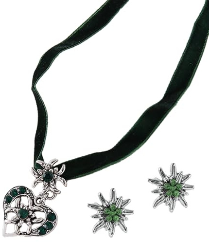 Shirene Edelweiß Kette & 2 Ohrringe Damen Set,Trachtenschmuck Grün für Oktoberfest Accessoires,Dirndl Schmuck,Bayerische Tradition und Partys