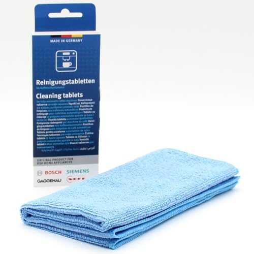 Kit de cuidado: 10 Pastillas de limpieza para Cafeteras automáticas + paño de microfibra, compatible con Bosch TES80721RW/08, TES80721RW/09, TES80751DE/01, TES80751DE/03, TES80751DE/04, TES80751DE/06