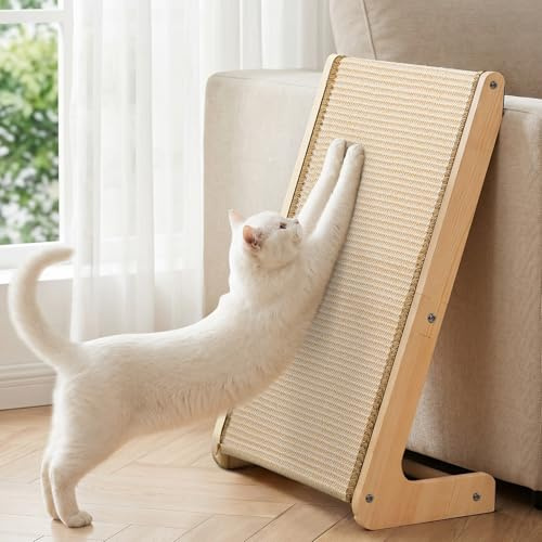 Gimars Tiragraffi per Gatti in Legno di Pino e Sisal Naturale, Tappeto Tira Graffi Multifunzionale a L, Scivolo e Pedana Regolabile Orizzontale e Verticale per Divano, Letto e Parete