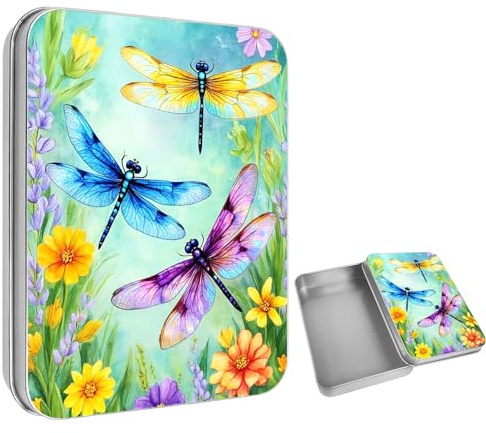 LROTFNGX Metal Tin Box with Lid, Small Storage Container 7 x 4.3 x 2.2 Inches,Tin Can for Candies,Holiday Cards,Office Supplies,Jewelry, Crafts,Dragonfly Garden