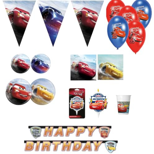 Kit Compleanno Tavola CAR: 16 piatti 20cm, 16 piatti 18cm, 16 bicchieri 200ml, 20 tovaglioli 33x33, 1 Festone Happy Bday 2 Metri, Bandierine Triangolari 3 metri, 1 Confezione di 6 Palloncini