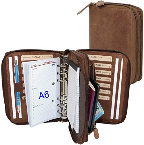 ALMADIH Leder A6 Kombimappe 2 Reißverschluss Fächer Kalender 2025 2026 Premium Rindsleder Braun Vintage Ledermappe Mappe Schreibmappe Terminplaner Terminkalender Ringbuch Notiz Geschenk (A6-Kombi-BV)