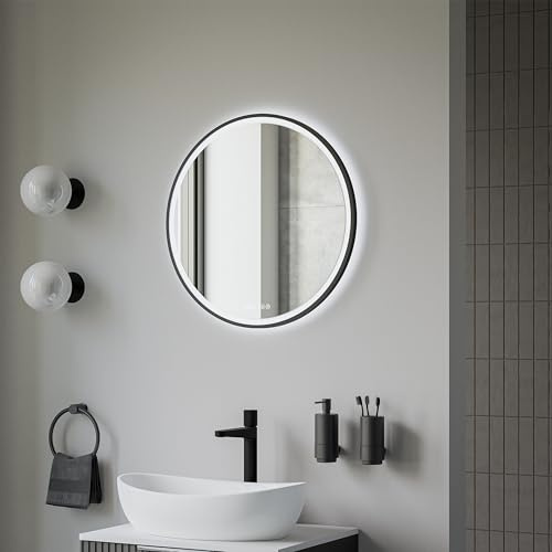 BERNSTEIN® LED Badspiegel 8232 2.0 rund Leichtmetallrahmen in Schwarz Wandmontage, Warm-/Kaltlichteinstellung Badspiegel mit Sandbestrahltem Rand, Digitaluhr und Spiegelheizung Aluminiumrahmen Ø 60cm