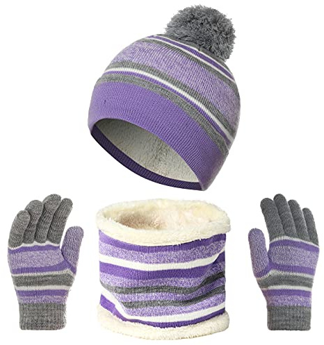 Conjunto de Bufanda Gorro y Guantes, Niña Niño Invierno Cálido Sombrero de Punto con Pompon, Térmico Grueso Beanie con Forro Polar Cuello Calentador Tejido Set Regalo para Unisex Bebé 2-8 Años