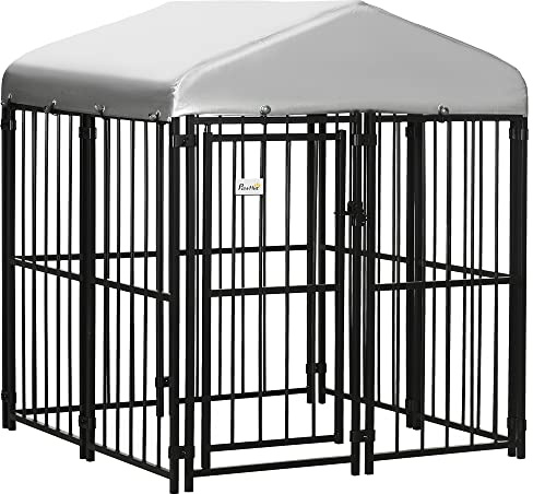 PawHut Valla para perros de talla pequeña y mediana, Kennel Casita para perros y gallinas con techo, 122 x 122 x 138 cm
