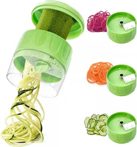 SUREWIN 3 in 1 Vegetable Spiralizer Slicer, Adjustable Zucchini Carrot Noodle Maker, Cucumber Spiral Cutter, Easy to Use Kitchen Tool（Green）