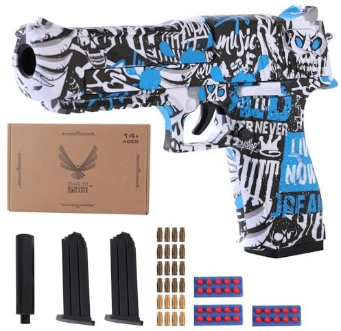 Shell Ejecting Toy Pistol – Graffiti Style Multicoloured Blaster Gun with Soft Foam Bullets,26+ Feet Shooting Range, 2 x Magazines & Extra Ammo Outdoor Kids Gadget (Blue Graffiti)