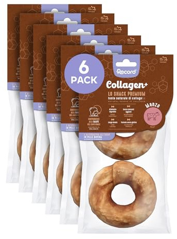 Record - Snack Premium per Cani Collagen+ Gusto Manzo. Ciambelle con alto valore proteico. Masticativi per cani ricchi di collagene. Senza coloranti, Confezione da 6 sacchetti da 100 g