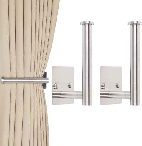 2 Pack No Drill Curtain Holdbacks - Self-Adhesive or Screw-in Metal Curtain Tie Backs with Rustproof SUS304 Steel, Wall Mount Drapery Hooks, Damage-Free Installation for All Curtains (2, Silver)
