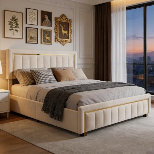 Polsterbett 140x200 mit Stauraum, Doppelbett mit Goldfaser-Einfassung, Hydraulisch Stauraumbett, Jugendbett mit kopfteil und Lattenrost, Bettgestell für Erwachsene, Samt (Beige, 140 x 200 cm)