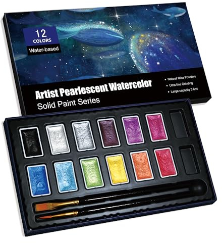 GlisDyck Shimmer Watercolor Paint Set, 12 Colors Glitter Metallic Watercolour Painting Sets, Solid Pearl Water Color Paints for Artists, Amateur Hobbyists and Painting (12 Colours)