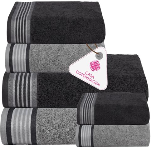 Casa Copenhagen Ensemble Serviettes 6 pcs He & She,Gris pin + Gris Violet, 550 g/m², 2 Bain, 2 essuie-Mains, 2 Gants Toilette, conçu au Danemark en Coton égyptien pour Salle de Bain, Cuisine Douche