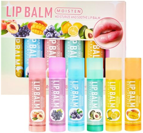 Fruchtiges Lippenbalsam Set mit 6 Stück - Feuchtigkeitsspendender Lip Balm für Sehr Trockene Lippen - Lip Sleeping Mask & Geschenk für Mädchen - Lippenpflege Set mit Natürlicher Formel