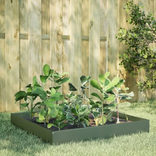 Jardineras para exteriores, bancal alto, verde oliva, 100 x 100 x 26 cm, acero, bancales elevados para jardín, terraza, balcón