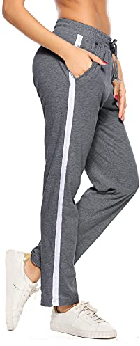 Aseniza Jogginghose Damen Sporthose Lang Baumwolle Trainingshose Freizeithose High Waist mit Streifen für Sport Yoga Gym Dunkelgrau M