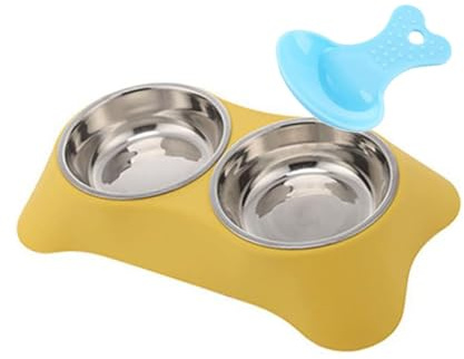 Double Dog Bowl,Non Slip Stainless Steel Double Bowls (Yellow, M) | Non-spill Pet Double Bowls with 1 Pet Food Spoop For Small Dogs and Cats