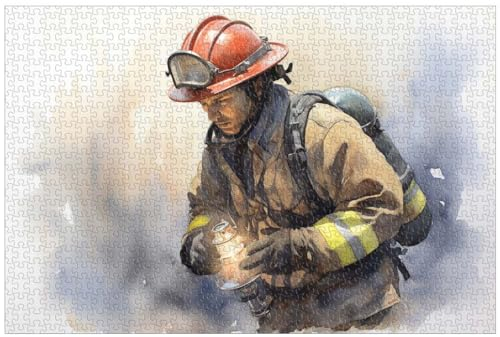 1000-teiliges Holzpuzzle für Erwachsene, Feuerwehr-Puzzle, Feuerwehr-Taschenlampe beleuchtet Rauch, Aquarellmalerei (B ; 1000)