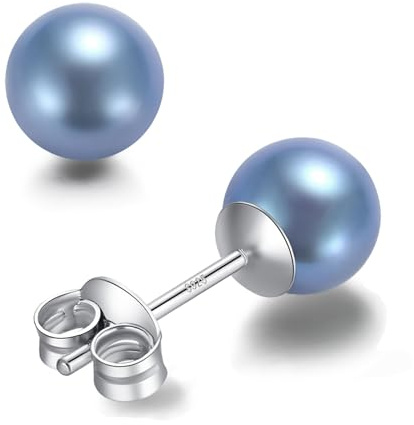 BAMIKI AKOYA Pearl Earrings, Saltwater Cultured Blue Pearl Perfectly Round, 925 Sterling Silver Stud Earrings Hypoallergenic, Jewelry Gifts for Women, 6-6.5mm
