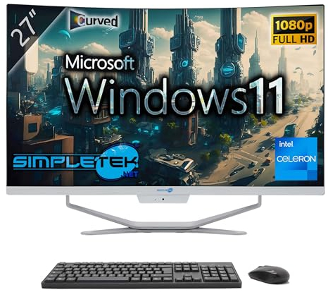 SIMPLETEK - All in One AiO 27” FHD Curvo Windows 11 Celeron fino 1,8 GHz 4GB RAM SSD 120GB Mouse Tastiera Wireless Webcam PC