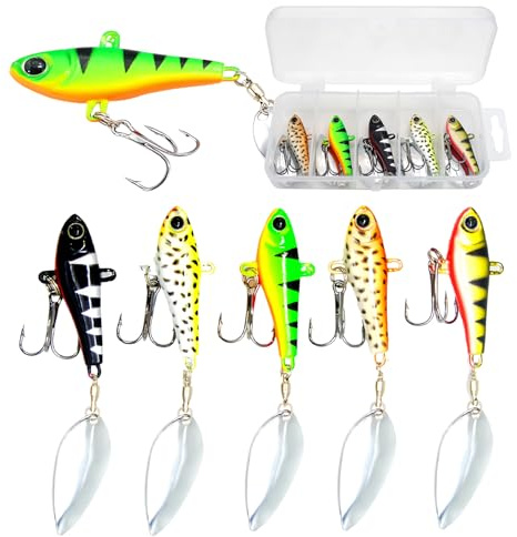 Jig Spinner Set 5 Unidades 20 g Señuelos de Pesca en Caja de señuelos de Plomo para Perca, Lucio, lucioperca, cacho, spinjig en Caja de Cebo, Cebo Artificial Activo UV