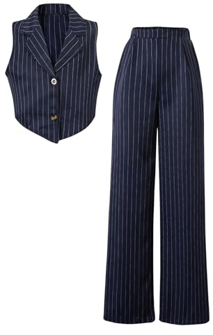 Floerns Completo da ragazza in 2 pezzi elegante a righe senza maniche gilet e pantaloni lunghi elastici casual, Blu, 9 anni