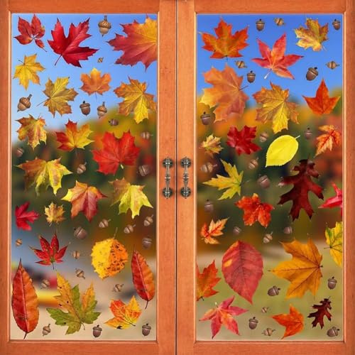 SULOLI 6 Piezas Pegatinas Ventana Otoño，Ventana de Acción Gracias，Hojas Arce Otoñal Pegatinas de Ventana Para decoraciones de otoño， Acción de Gracias y Navidad