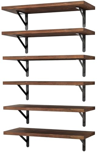 YGEOMER 16.5 Inch Floating Shelves for Wall, Farmhouse Wall Shelves for Bedroom, Bathroom Storage, Living Room and Kitchen Decor (Set of 6 Dark Carbonized Pine)