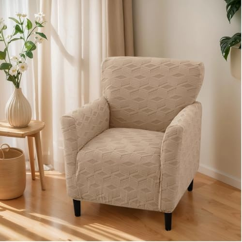 OKYUK Funda para Sillón Elástica Antideslizante Jacquard, Protección Completa, Ideal para Niños y Mascotas, Lavable a Máquina, Diseño Moderno (Caqui A Cuadros)