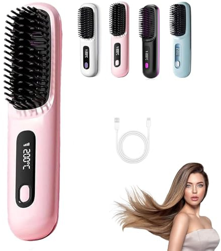 Heated Brush for Short Hair, 3 Heat Settings & LED Screen&USB Rechargeable, Lightweight Portable, for Hairs Styling Travel,Home (Pink)
