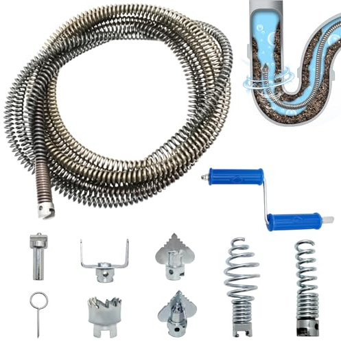 Rohrreinigungsspirale 5m, Spiraldurchmesser 12mm Rohrspirale, mit 6 Stück Abflussreiniger Schneidkopf, Abflussreiniger Spirale, Spirale Abfluss Rohrreinigung mit Elektrischen und Manuellen Adaptern