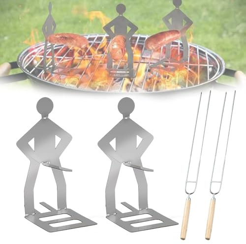 FENGCHUANG 2 stycken roliga varmkorvshållare med 2 stycken köttgafflar i rostfritt stål, kreativ BBQ för män, multifunktionell grillbestick
