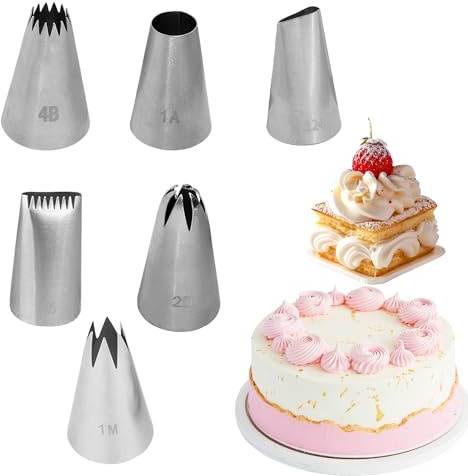 6Pcs Large Piping Nozzles Set (1M 2D 4B 1A 124 895) Easy to Clean Icing Nozzles Rustproof Piping Tips for Decorating Cakes Cupcakes Stainless Steel Cake Piping Nozzles Kit Compatible with Piping Bags