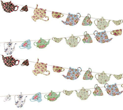 SUNBEAUTY Tea Party Bunting Banner Decorations Tea Cup Vintage Banner Garland for Girls Party Birthday Day Baby Shower Wedding Alice in Wonderland Decor