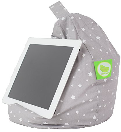 BeanLazy Tablet Stand Mini Bean Bag – Grey Stars 100% Cotton Supportive Cushion Holder – Universal Pillow Stand for iPad, eReaders, Books & Tablets