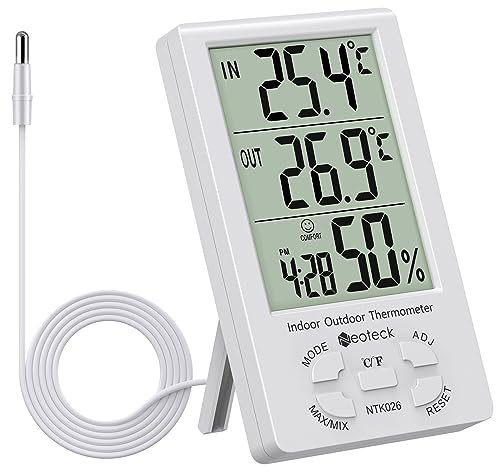Neoteck Termómetro Higrómetro LCD Digital Interior Higrómetro Interior y Exterior Termómetro Medidor de Temperatura Valor Mínimo/Máximo para la Gestión del Aire Hotel Oficina Laboratorio Hospitalario