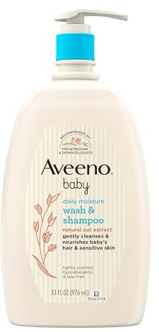 Aveeno Baby Daily Moisture Body Wash & Shampoo with Oat Extract, Hypoallergenic, Tear-Free, No Added Parabens, pH-Balanced Formula For Sensitive Hair & Skin, Baby Essentials, 33 fl oz
