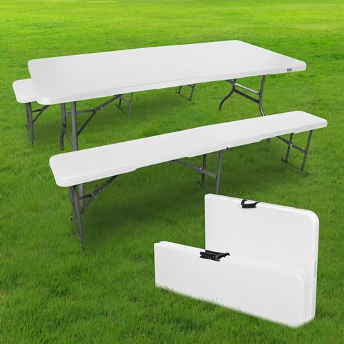 SKYLANTERN Ensemble Table et bancs Pliables Blanc 180cm - Lot 1 Table + 2 bancs Pliant pour Camping, cérémonie, Pique-Nique, Buffet et grillade
