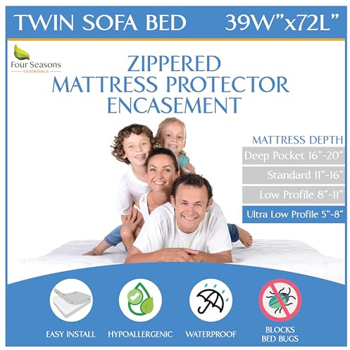 Sleeper Sofa Twin Size Mattress Protector 39 Wx72 Lx5 D - Waterproof Zippered Encasement Premium Quality Bed Cover Protects Against Dust, Allergies White