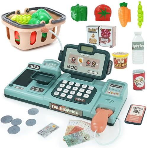 Kids Cash Register Toy with Sound Scanner - Pretend Play Shopping Set Include Food, Shopping Basket, Play Money & Credit Card, Ideal Gift for Boys Girls Ages 3-8